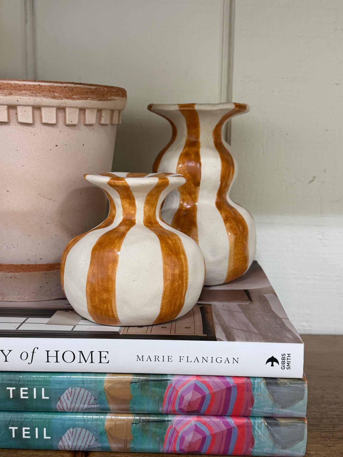 Orange Striped Ceramic Candle Holder - Small