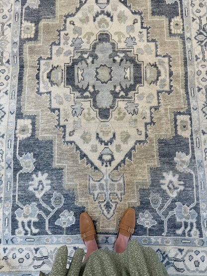 Clara Turkish Oushak rug — navy, green, tan, cream, hand-knotted 100% wool