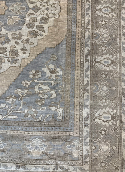 Isabella gray-blue Turkish Oushak rug with tan, cream, and light green, hand-knotted wool