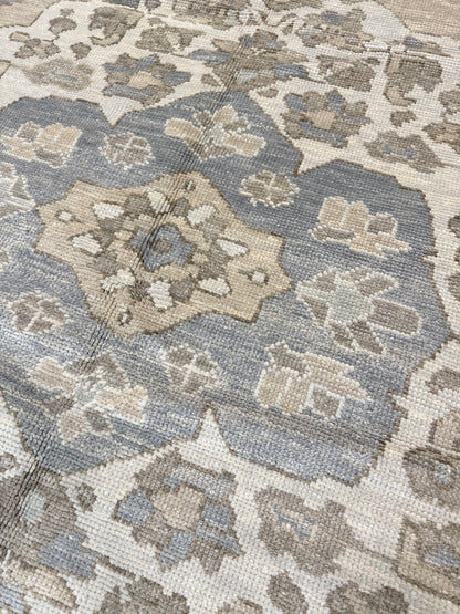 Isabella Turkish Oushak rug, hand-knotted wool with a gray-blue field and tan, cream, and light green accents