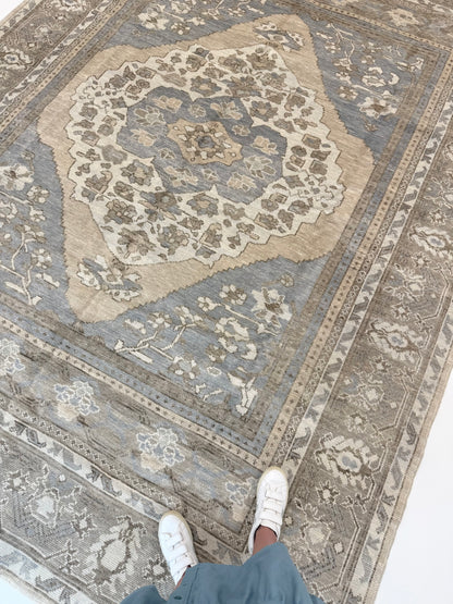 someone standing on neutral Isabella Turkish Oushak Anatolian rug with tan, blue, green, cream in fairhope, AL