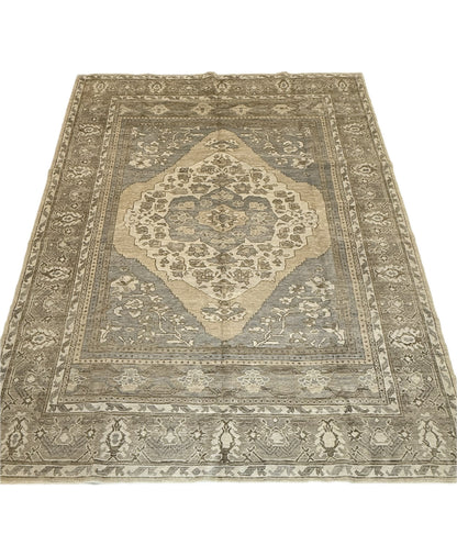 Isabella Turkish Oushak rug, hand-knotted wool with a gray-blue field and tan, cream, and light green accents