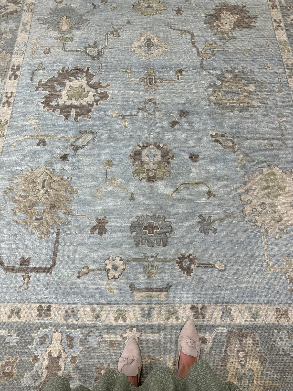 Josephine Turkish Oushak rug, light blue hand-knotted wool with slate gray border and tan, cream, brown and green