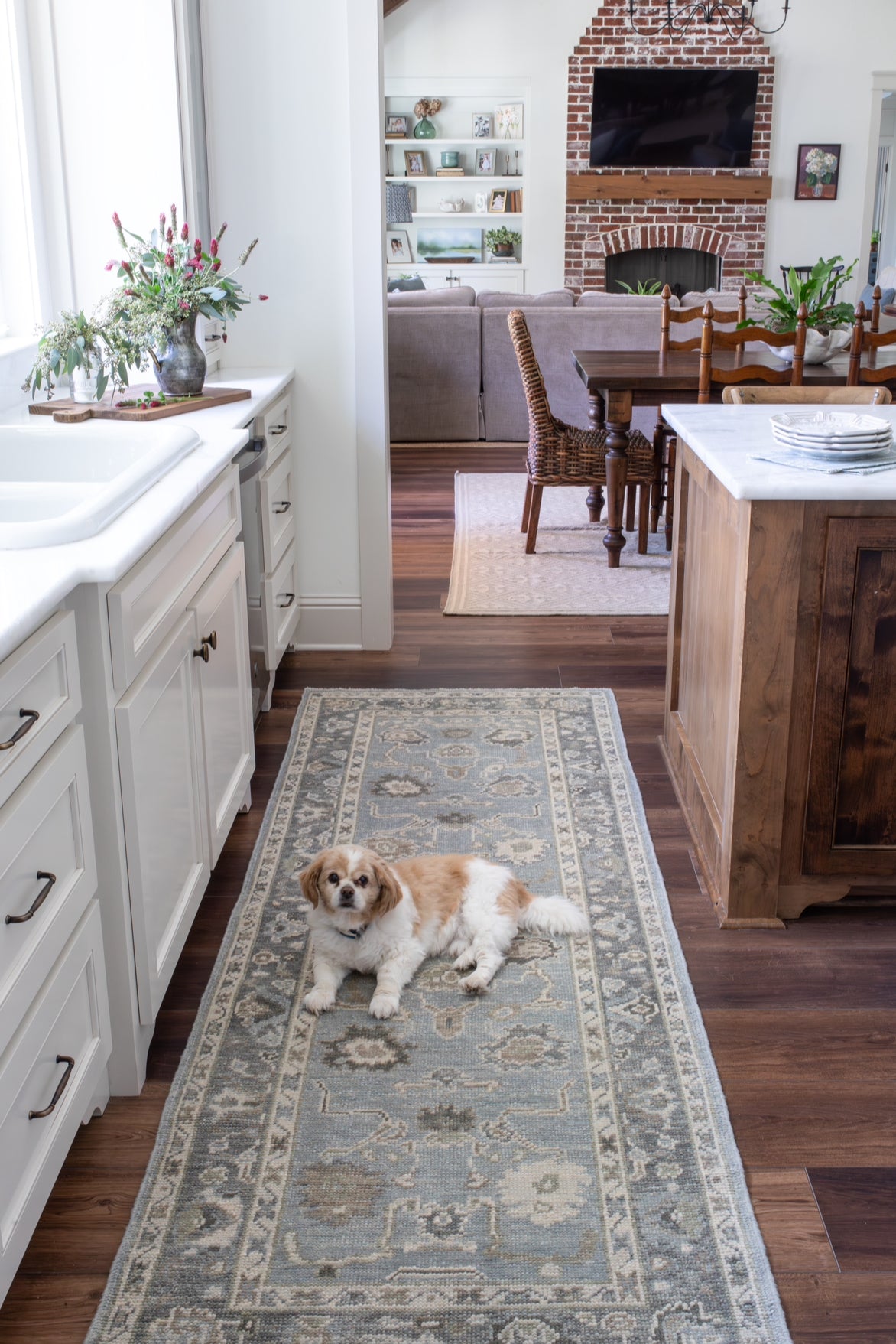 Josephine Blue Turkish Oushak Rug in traditional kitchen in Fairhope, AL