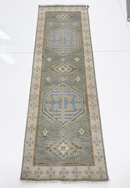 Lennon Blue and green 100% wool Modern Oushak runner with neutral border and green accents and blue center medallion