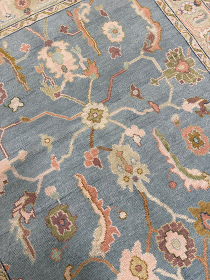 Madeline Blue Modern oushak rug with pink, green, purple, aqua 