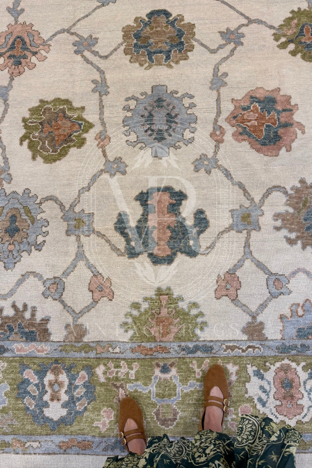 Hand-knotted Posey Turkish Oushak rug with an ivory base and chartreuse border, featuring turquoise, salmon, light blue, and warm brown accents in a vibrant modern pattern—perfect for living rooms, bedrooms, nurseries, and dining spaces.