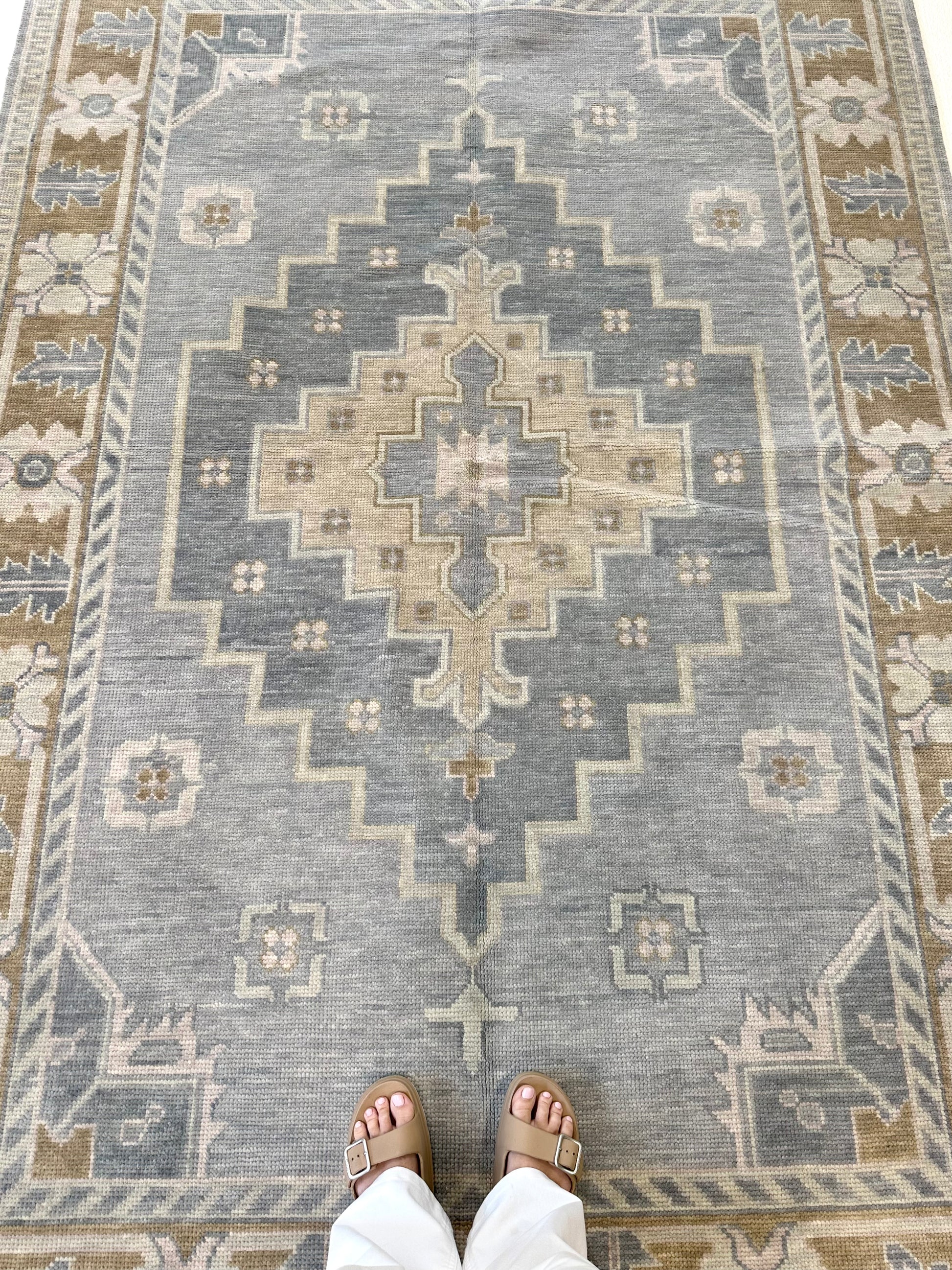 blue modern oushak rug named Susie with center medallion of slightly darker blue, tan, and pretty border that is brown with flower details located in Alabama