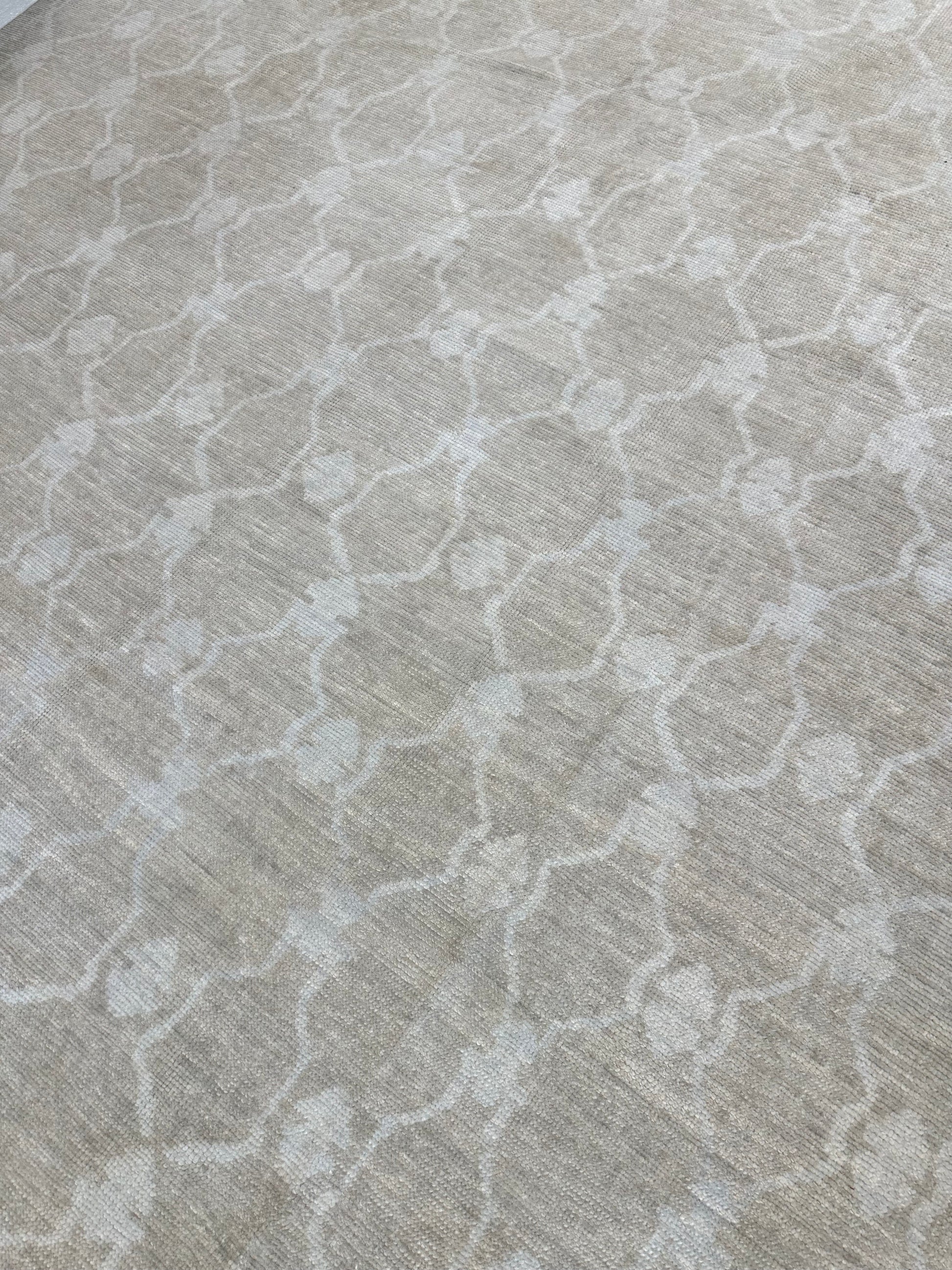 Alice Turkish Oushak rug styled in a room, warm mushroom, soft cream, hand-knotted wool