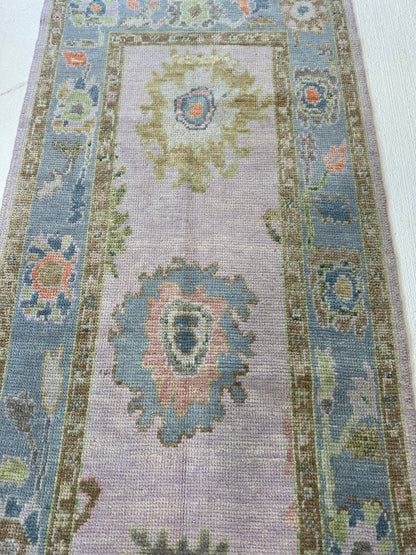 Bailey Turkish Oushak rug, lavender, Kelly green, light green, light blue, brown, pink, orange — hand-knotted wool area rug