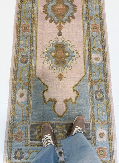 Blaire Turkish Oushak rug — lavender, light blue, brown, pink, chartreuse, orange, hand-knotted 100% wool