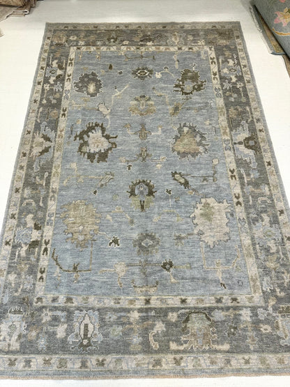 Josephine light blue and slate gray Turkish Oushak rug with brown, green, tan, and cream accents, hand-knotted wool