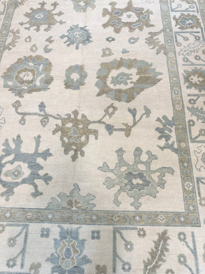 Emily Modern Oushak rug, cream, soft gray, blue, gray-green, warm tan, hand-knotted wool — alternate view