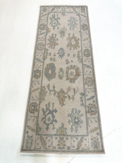 Emily Modern Oushak runner rug, cream, soft gray, blue, gray-green, warm tan, hand-knotted wool