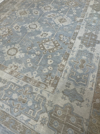 Dorothy Turkish Oushak rug close-up, gray-blue, cream, warm tan, light brown, hand-knotted 100% wool
