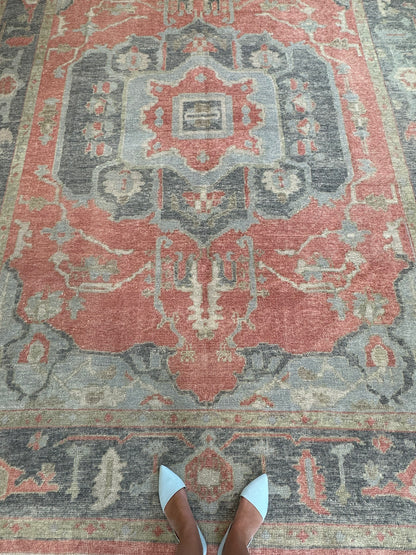 Ruby Turkish Oushak rug, raspberry red with navy, light blue, light green, tan, and cream accents
