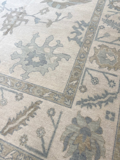 Emily Modern Oushak rug, cream, soft gray, blue, gray-green, warm tan — hand-knotted wool area rug