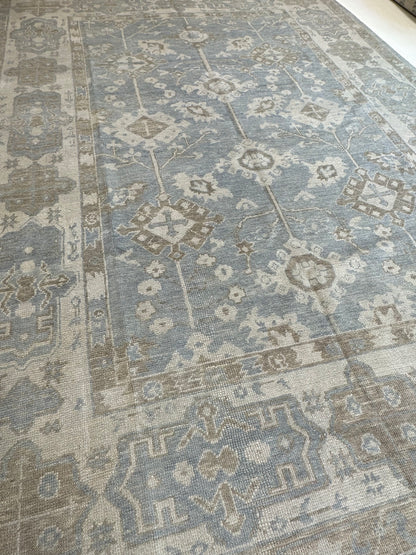 Dorothy Turkish Oushak runner rug, gray-blue, cream, warm tan, light brown, hand-knotted wool