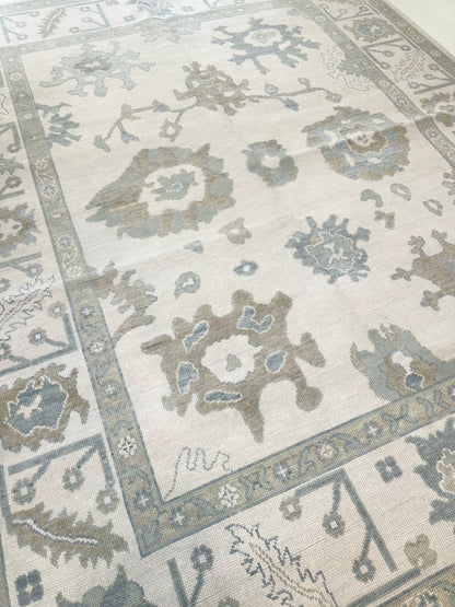 Emily Modern Oushak rug — hand-knotted wool in cream with cream, soft gray, blue, gray-green, warm tan