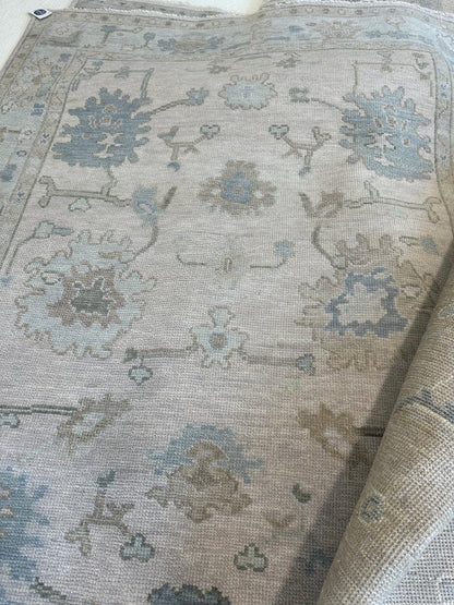 Evangeline Modern Oushak rug — warm gray, sage, mossy green, soft blue, tan, hand-knotted 100% wool