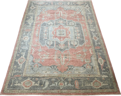 Ruby raspberry red and navy Turkish Oushak rug with light blue, green, tan, and cream accents, hand-knotted wool