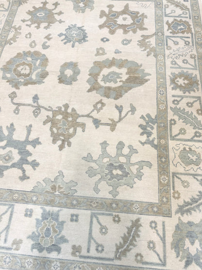 Emily Modern Oushak rug close-up, cream, soft gray, blue, gray-green, warm tan, hand-knotted 100% wool