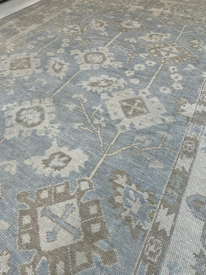 Dorothy Turkish Oushak rug — hand-knotted wool in gray-blue with gray-blue, cream, warm tan, light brown