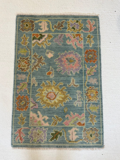 Gracie Modern Oushak rug, blue-green, orange, pink, purple, green, tans — hand-knotted wool area rug (view 14)