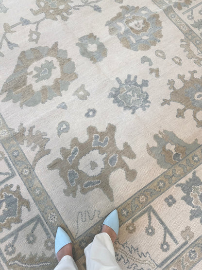 Emily Modern Oushak rug — cream, soft gray, blue, gray-green, warm tan, hand-knotted 100% wool