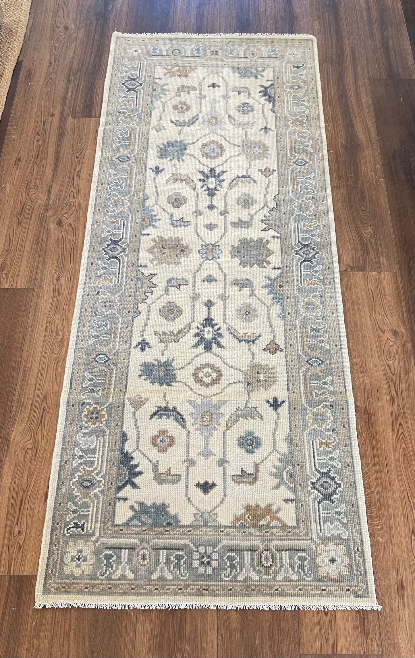 mory Modern Oushak Rug Runner With Blues and Browns