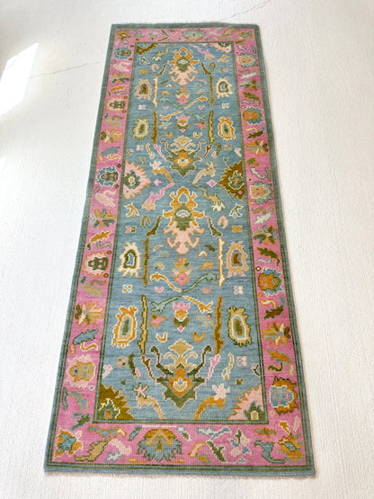 Addie Modern Oushak rug — medium blue, pink border, green, orange, tan, cream, chartreuse-olive, hand-knotted 100% wool (view 11)