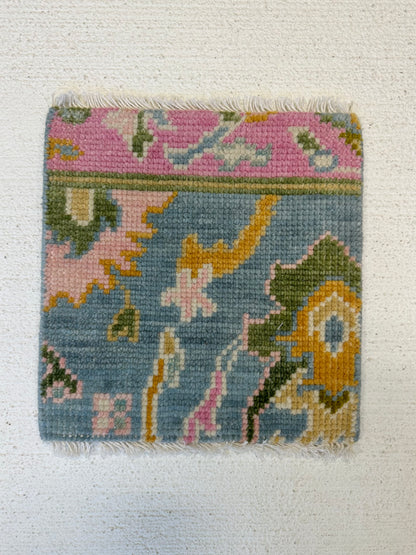 Addie Modern Oushak rug, medium blue, pink border, green, orange, tan, cream, chartreuse-olive — hand-knotted wool area rug (view 14)