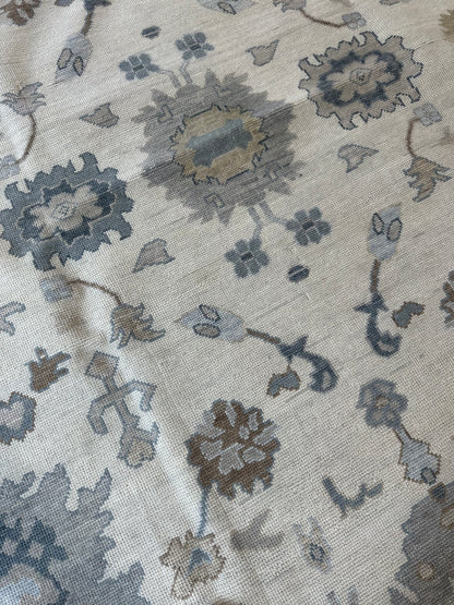 Emma Modern Oushak runner rug, cream, gray, soft cream, calming blues, hand-knotted wool