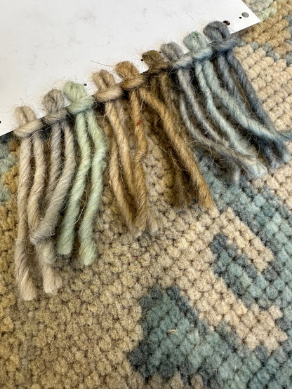 Maggie modern Oushak rug, hand-knotted wool with a warm gray foundation, cool gray border, and aqua and turquoise accents