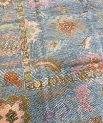 Gracie Modern Oushak rug, blue-green, orange, pink, purple, green, tans, hand-knotted wool — alternate view