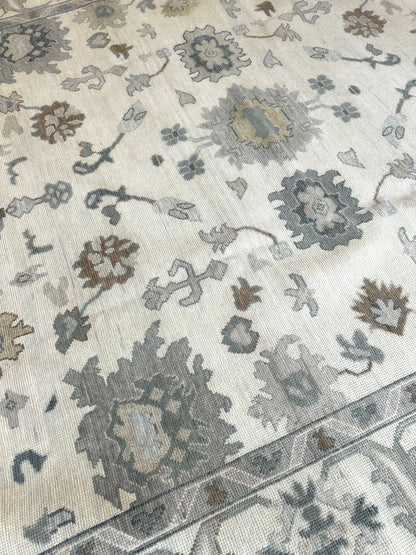 Emma Modern Oushak rug — cream, gray, soft cream, calming blues, hand-knotted 100% wool (view 11)
