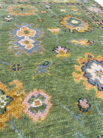 Linda modern Oushak rug, hand-knotted wool with a lime green foundation and slate blue, pink, chartreuse, cream, and orange accents