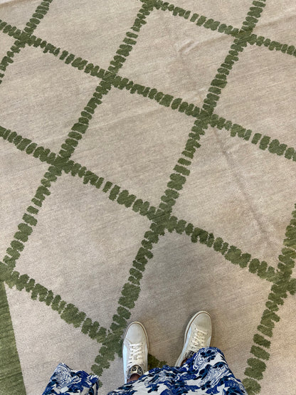 Lynn modern Oushak rug with a very light warm gray foundation and soft green accents, hand-knotted wool