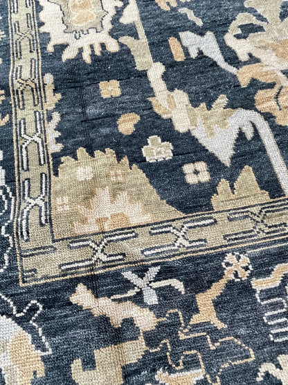 Eloise Modern Oushak rug — hand-knotted wool in blue-green with moody blue-green, cream, olive, light blue, tan
