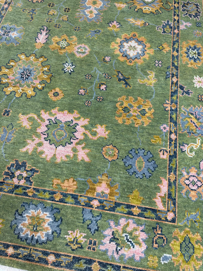 Linda modern Oushak rug, hand-knotted wool with a lime green foundation and slate blue, pink, chartreuse, cream, and orange accents