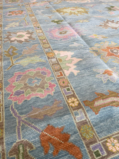 Gracie Modern Oushak rug — hand-knotted wool in blue-green with blue-green, orange, pink, purple, green, tans