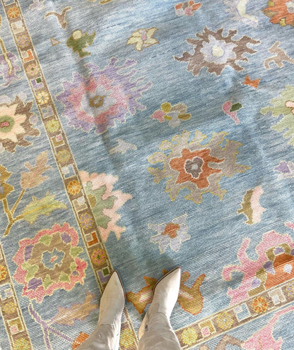 Gracie Modern Oushak rug — blue-green, orange, pink, purple, green, tans, hand-knotted 100% wool