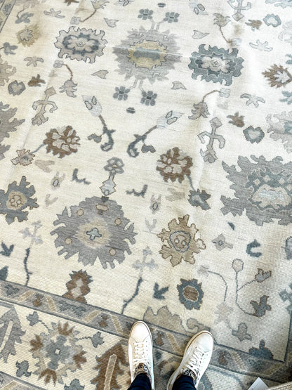 Emma Modern Oushak rug — cream, gray, soft cream, calming blues, hand-knotted 100% wool