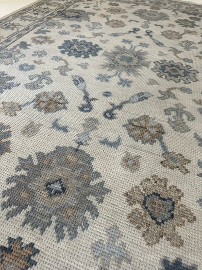 Emma Modern Oushak rug, cream, gray, soft cream, calming blues — hand-knotted wool area rug