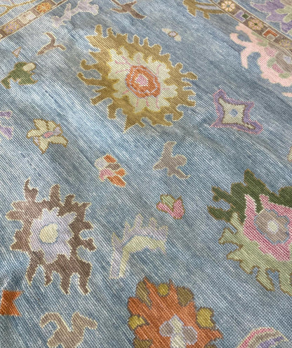Gracie Modern Oushak runner rug, blue-green, orange, pink, purple, green, tans, hand-knotted wool