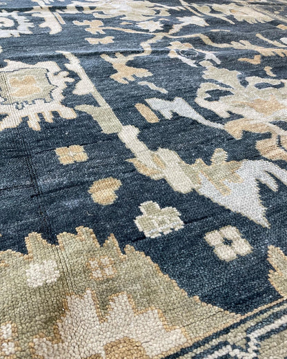 Eloise Modern Oushak runner rug, moody blue-green, cream, olive, light blue, tan, hand-knotted wool